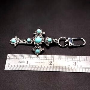 Stainless Steel Key Chain Turquoise CZ Cross Pendant Southwestern Boho Jewelry